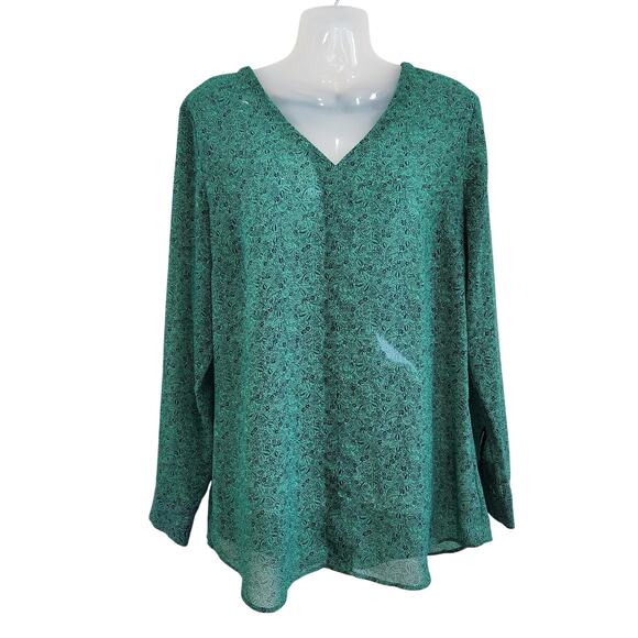 Cabi Floral Long Sleeve V-Neck Sheer Work Blouse Green Career Wear Size Medium - Picture 1 of 11